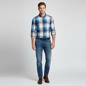 EXPRESS‎ Men's Blue/Multicolor Fitted Plaid Long Sleeve Shirt Size Medium